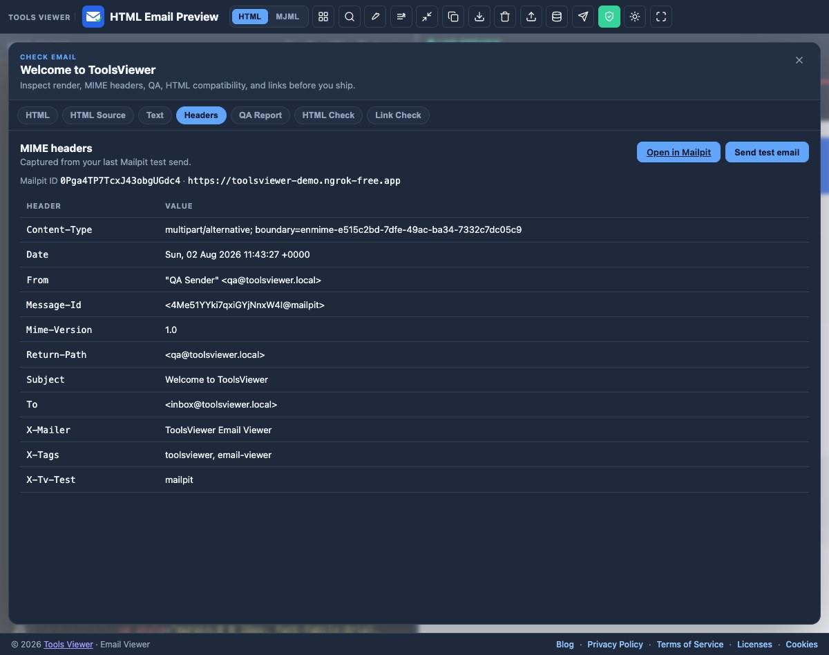 Email Viewer Check email Headers tab showing MIME headers from Mailpit