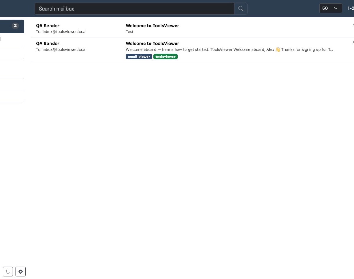 Mailpit web UI inbox showing a captured test email