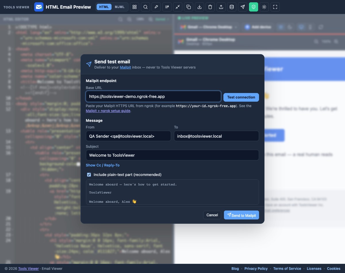 Email Viewer Send test email dialog with From, To, Subject, and Mailpit URL