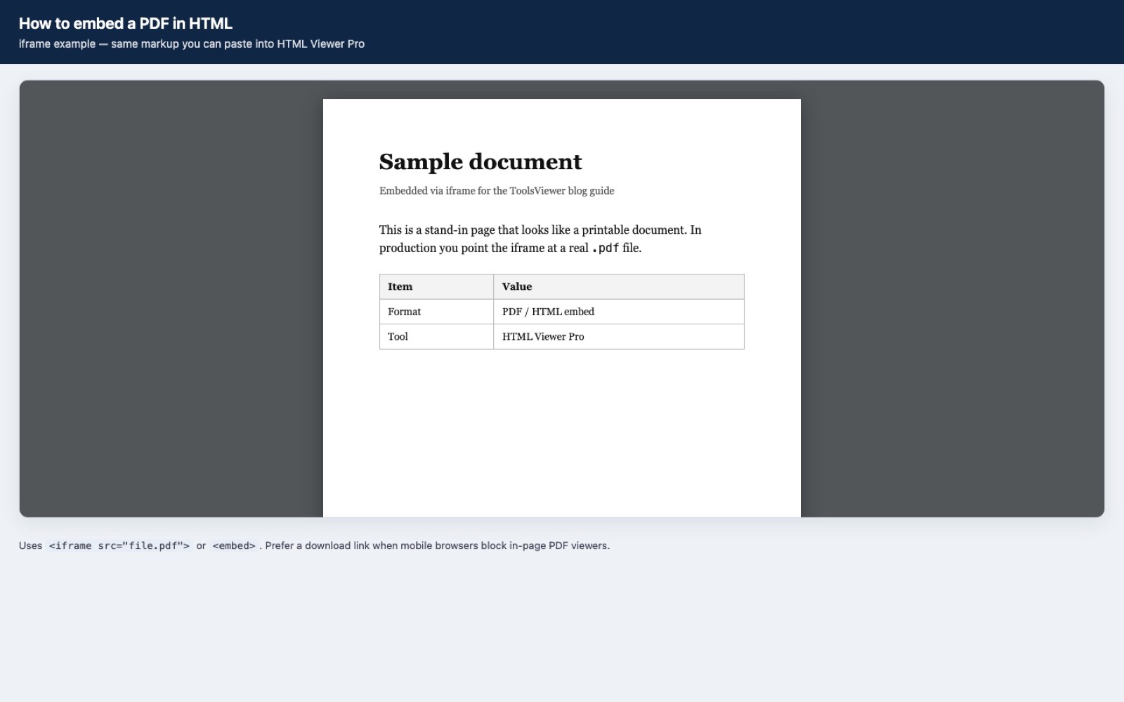 HTML page embedding a PDF document with iframe for in-browser display