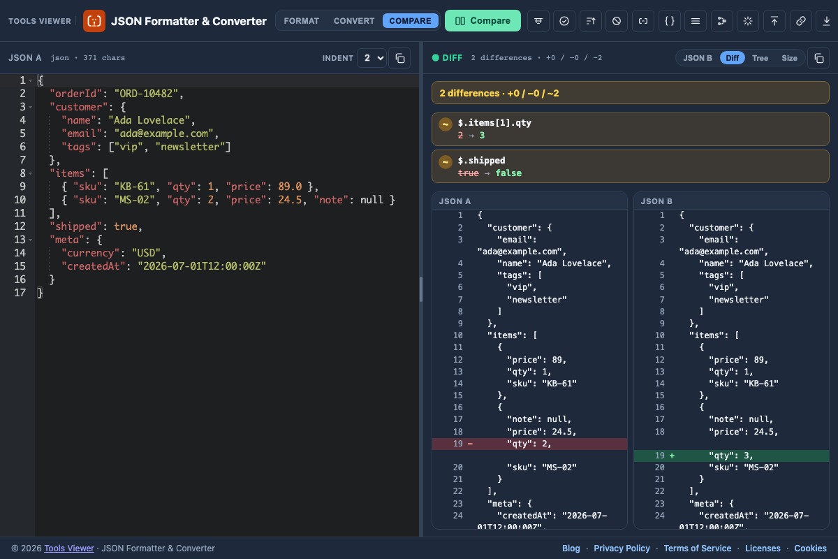 JSON compare mode with structural diff report