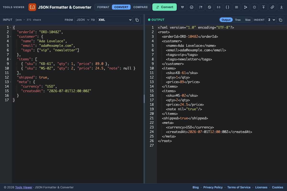 JSON converted to XML output in an online JSON converter