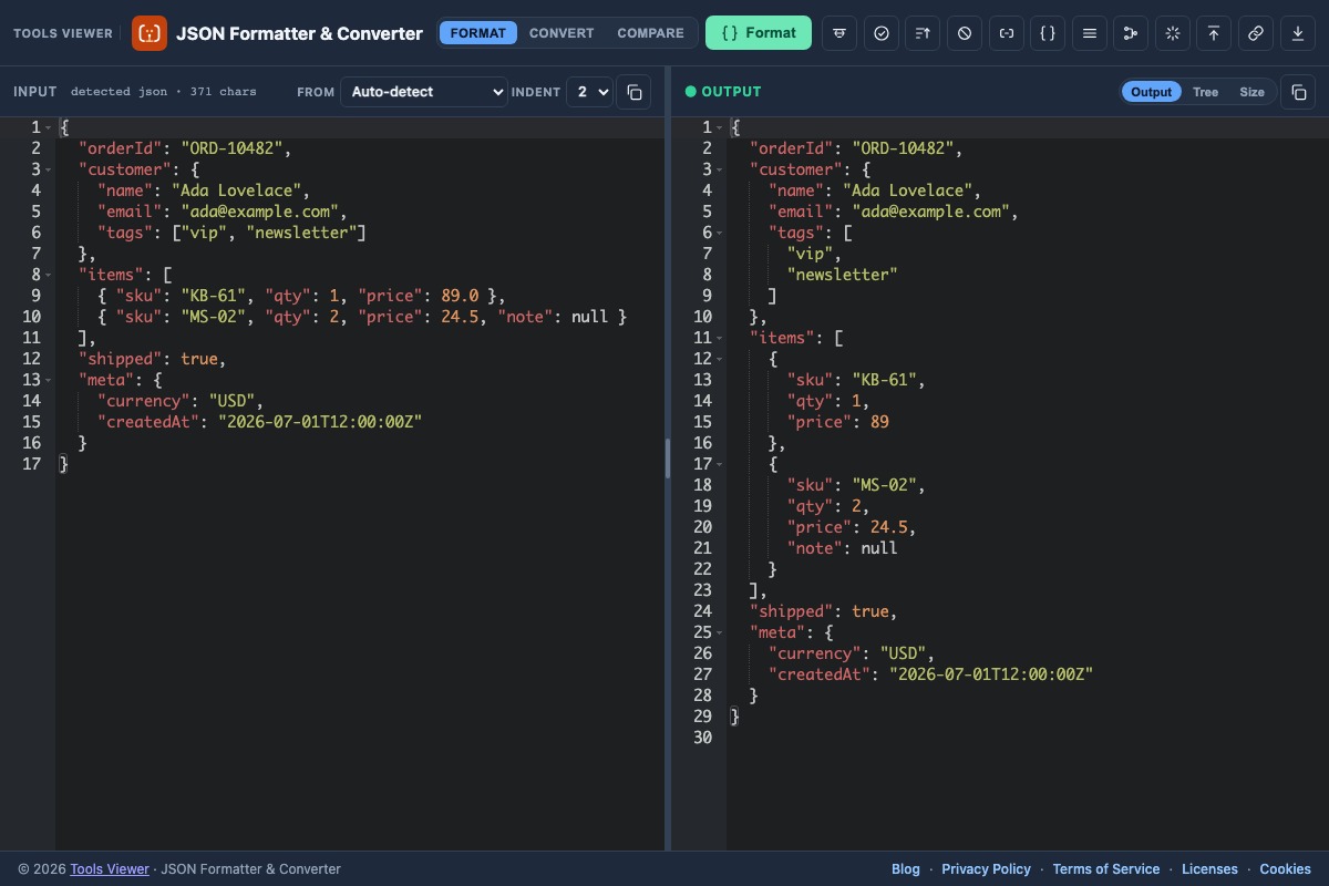 JSON validator showing a syntax error with line and column in the browser