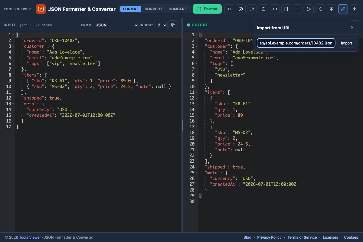 Import JSON from URL control in the JSON formatter
