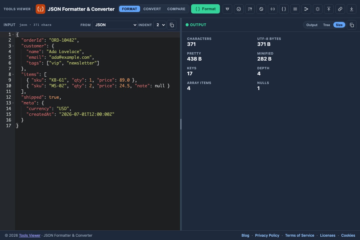 JSON size calculator panel with byte and minify stats