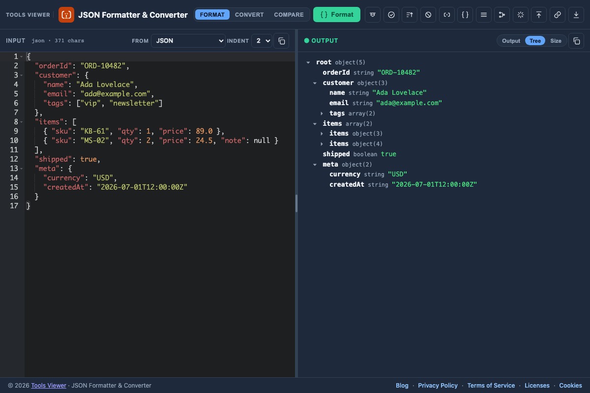 JSON tree outline viewer in the results panel