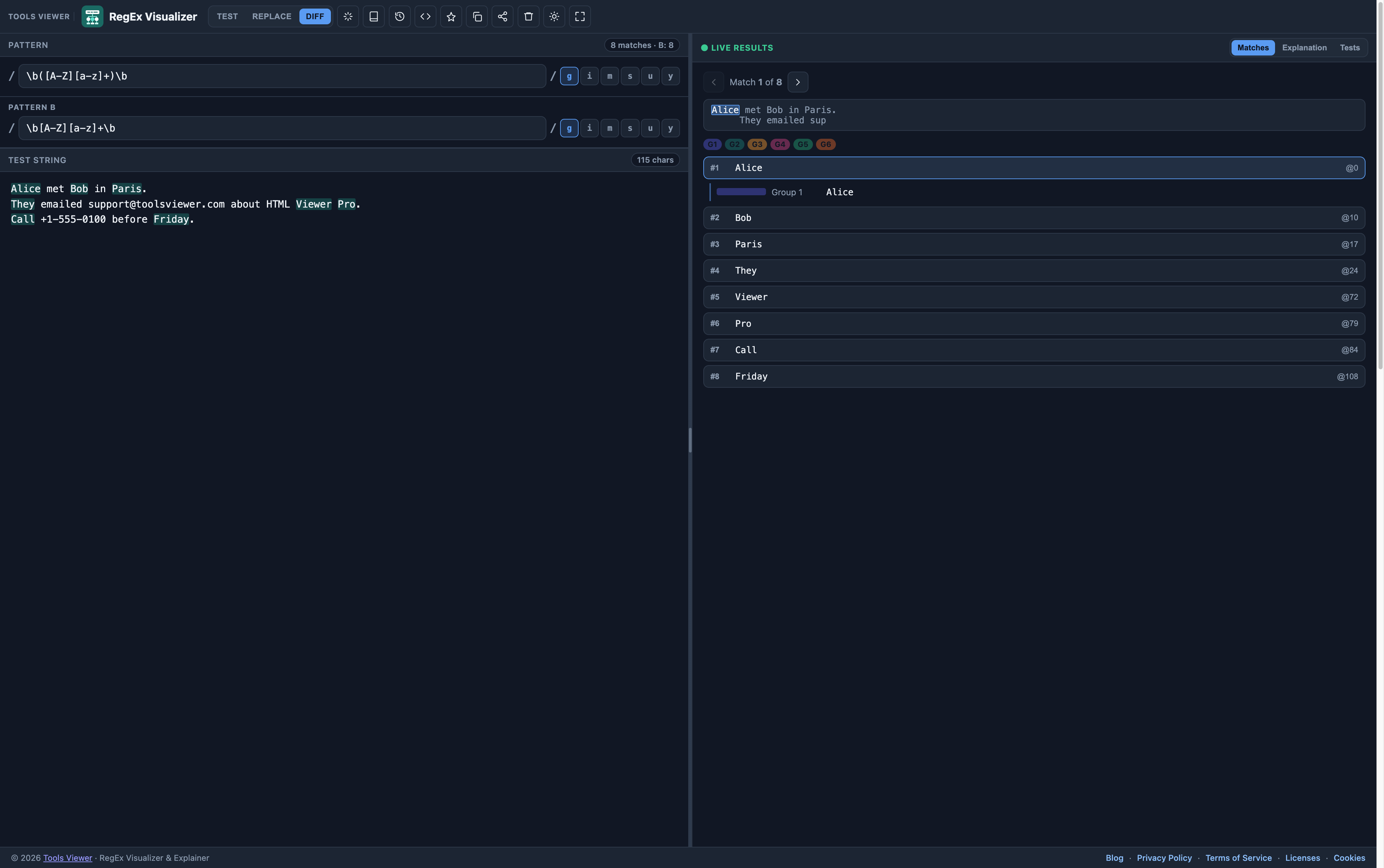 Regex visualizer diff view comparing pattern results