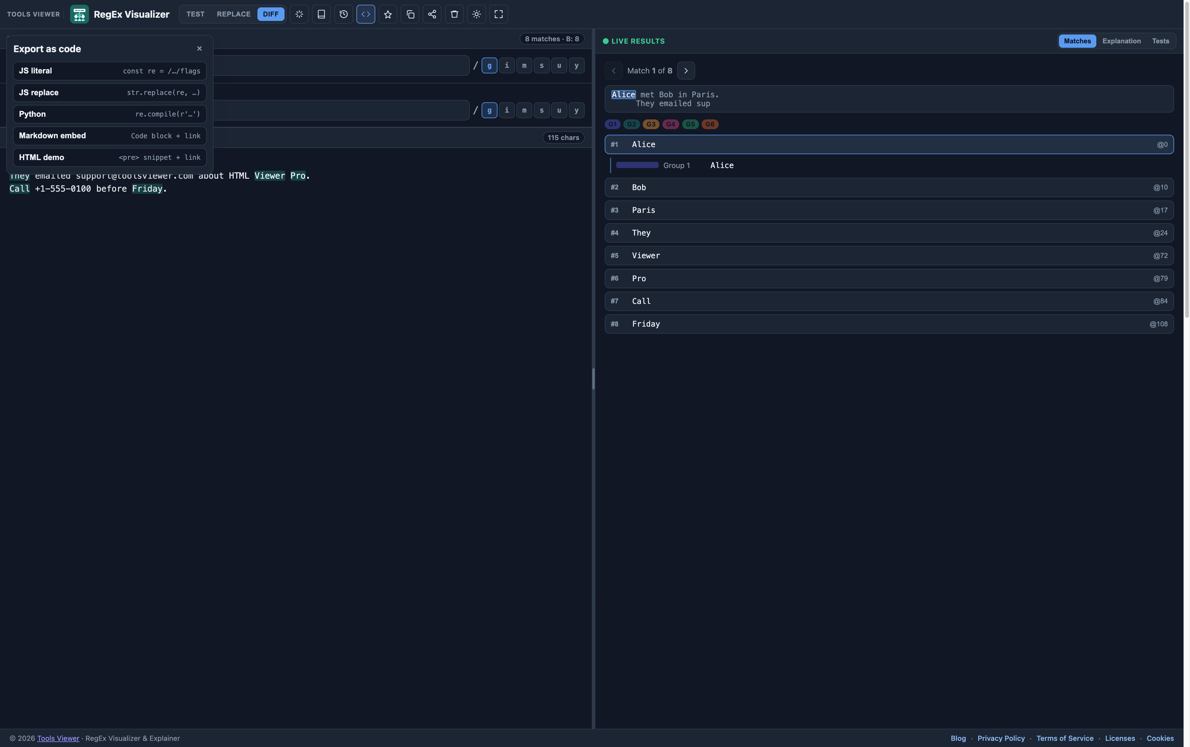Regex visualizer export menu with JS and Python options