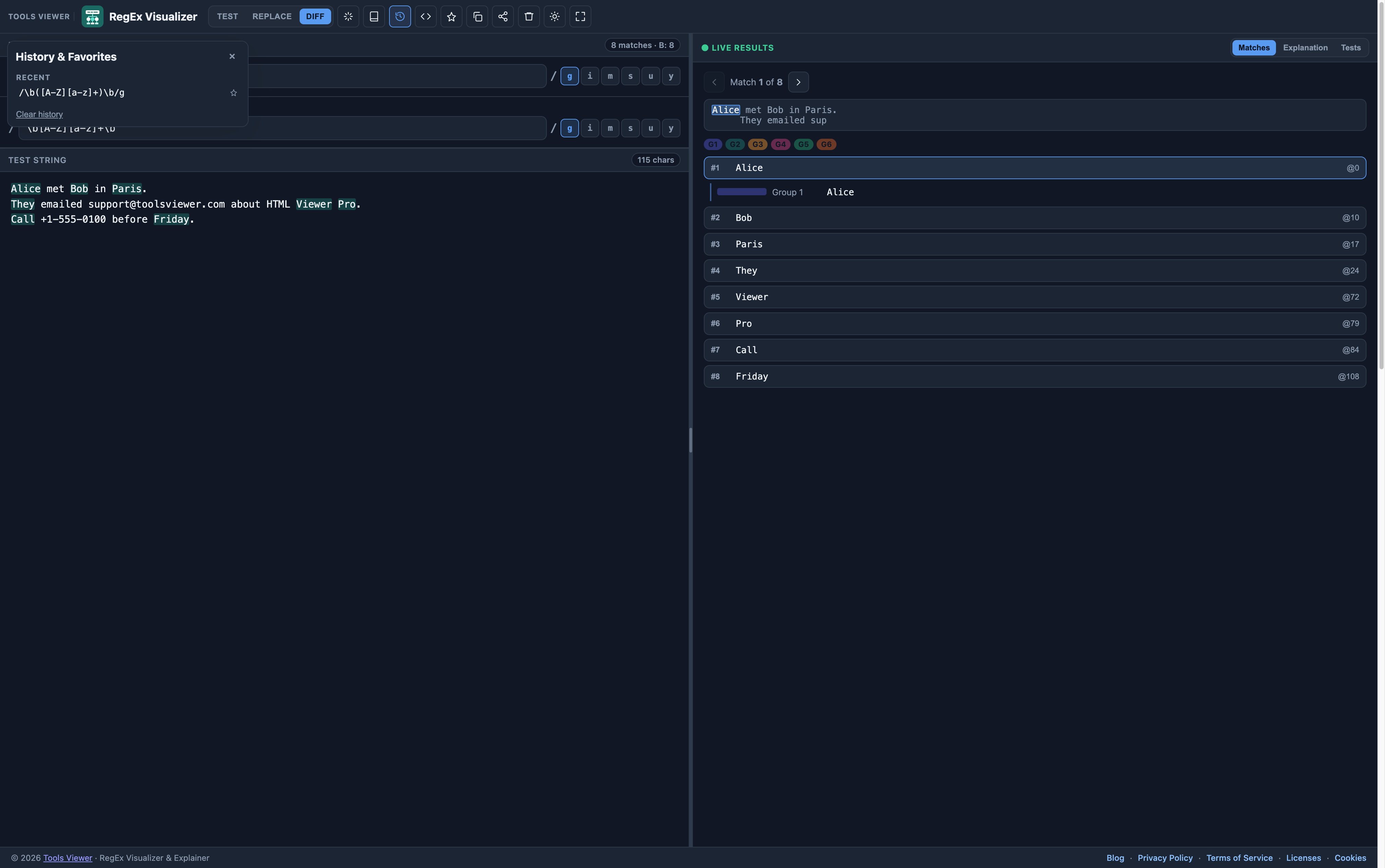 Regex visualizer history and favorites panel