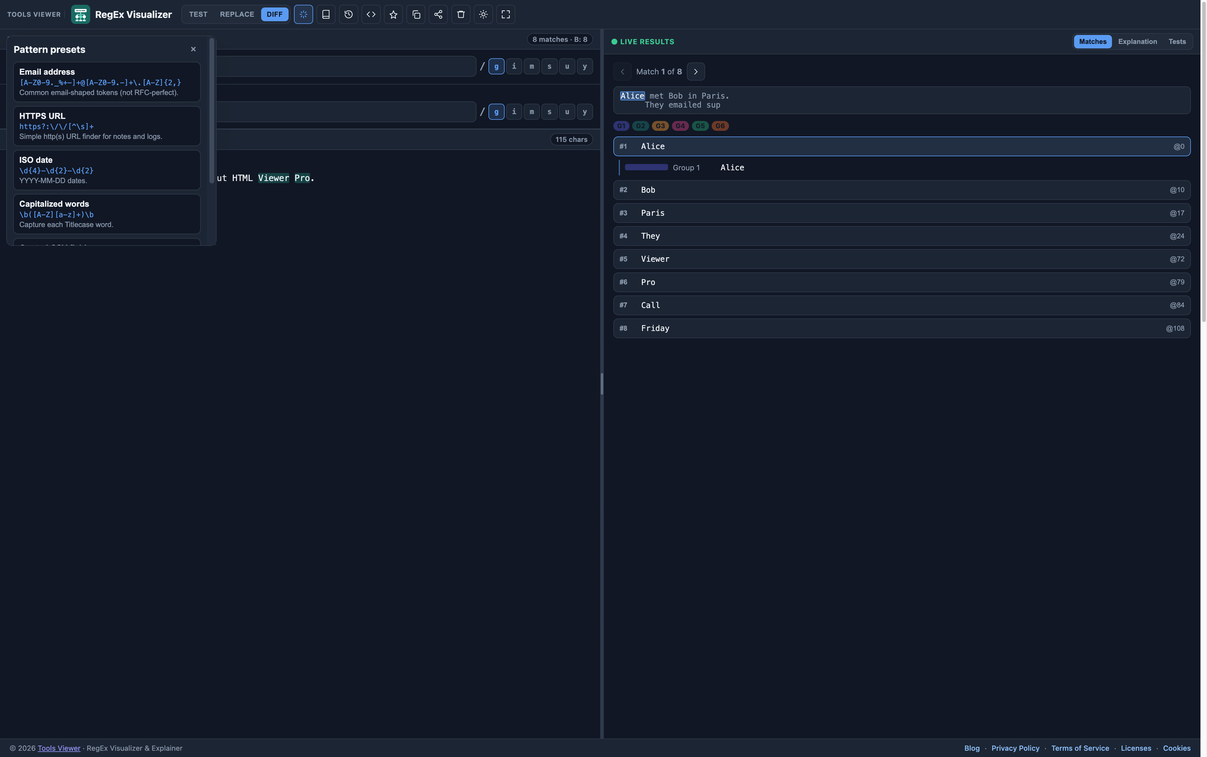 Regex visualizer pattern presets panel with common regex examples