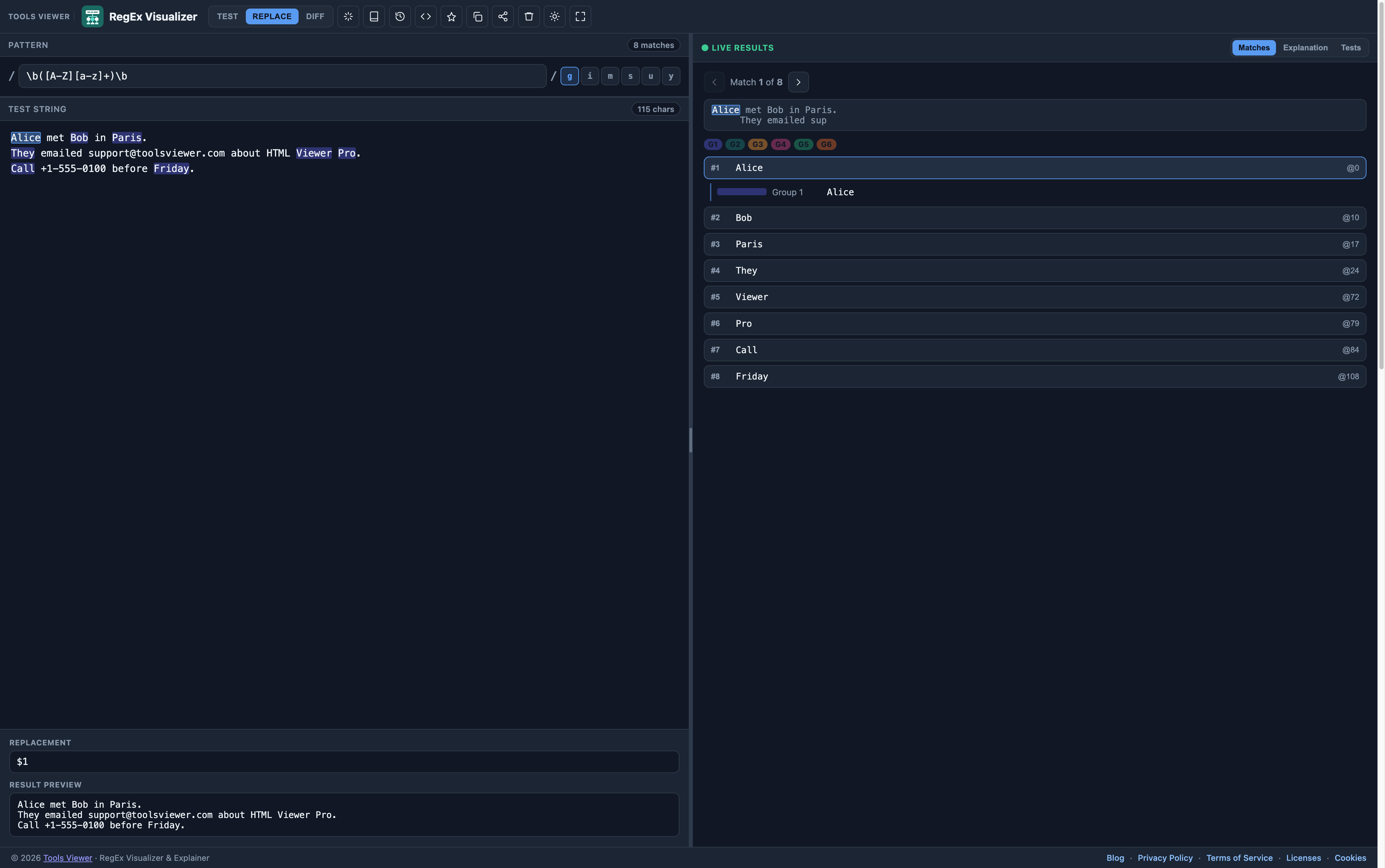 Regex visualizer showing replace preview results