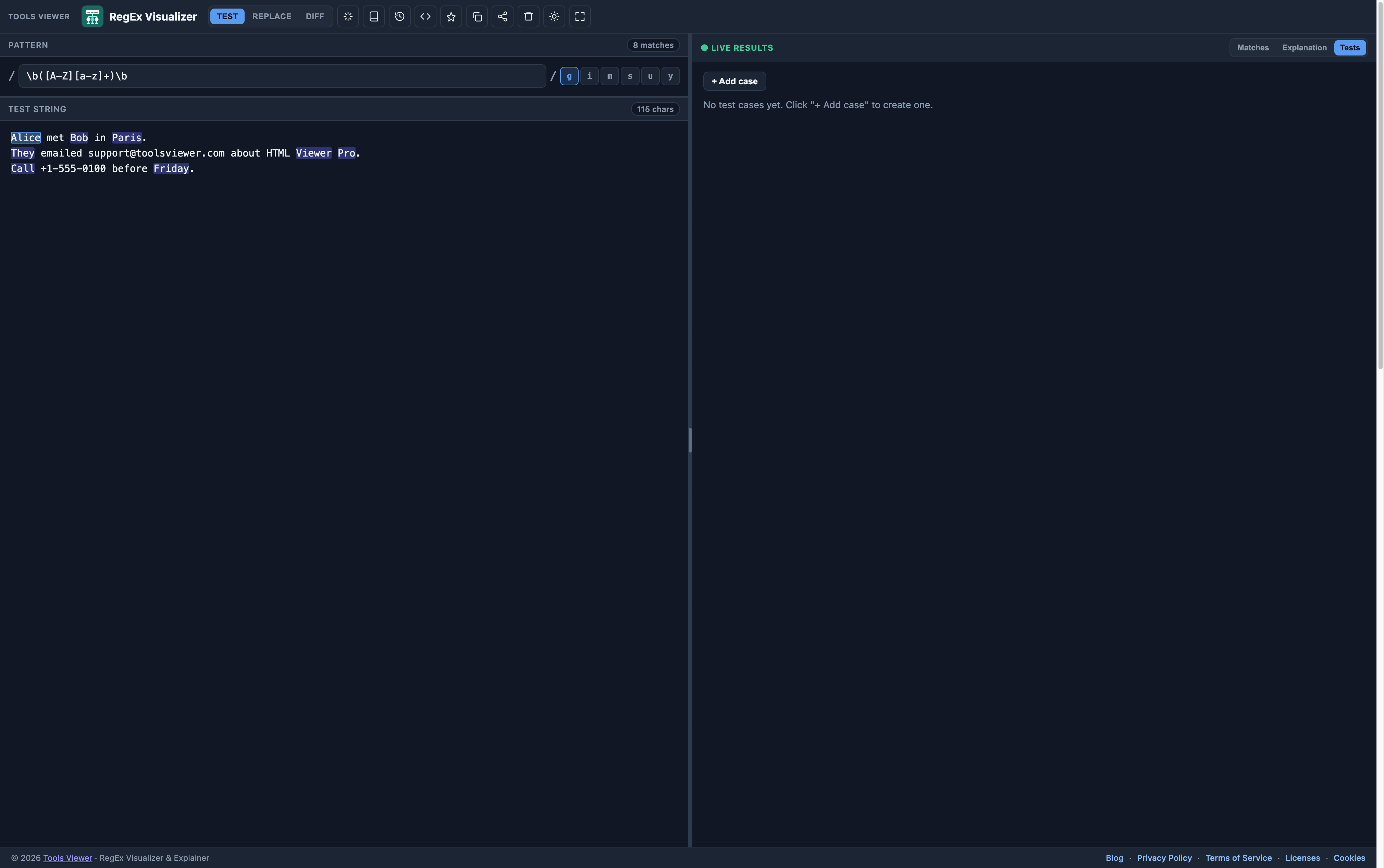 Regex visualizer unit tests tab with add case action