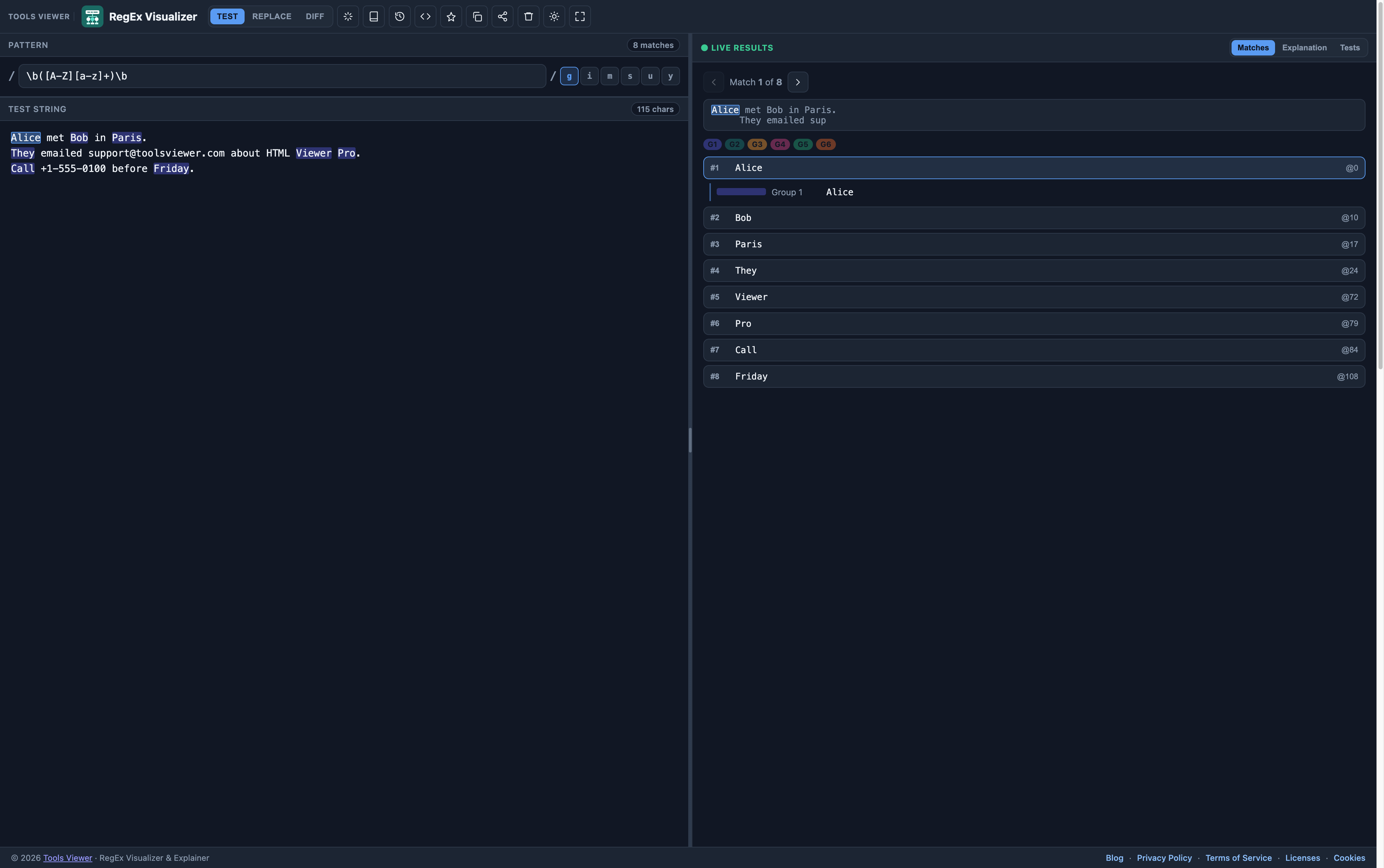 Regex visualizer workspace with live matches and tabs